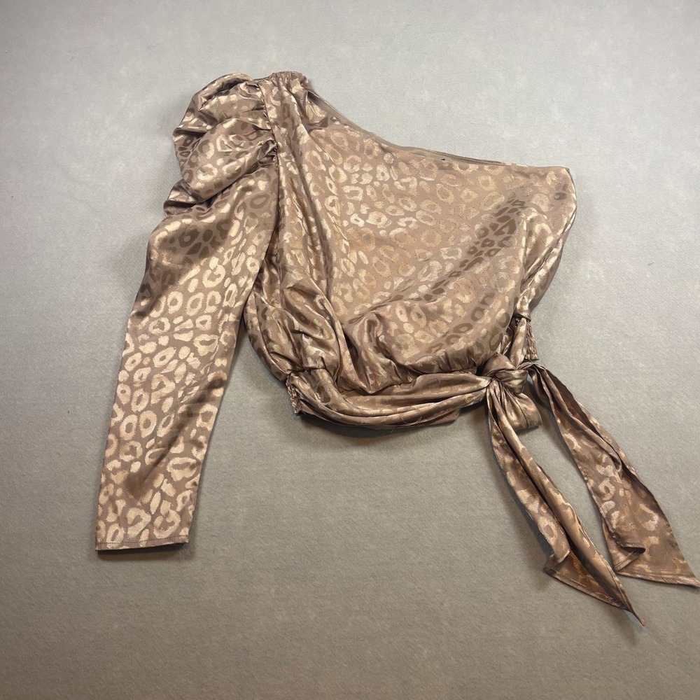 DO+BE Womens One Shoulder Leopard Print Metallic Top Champagne Gold Small
